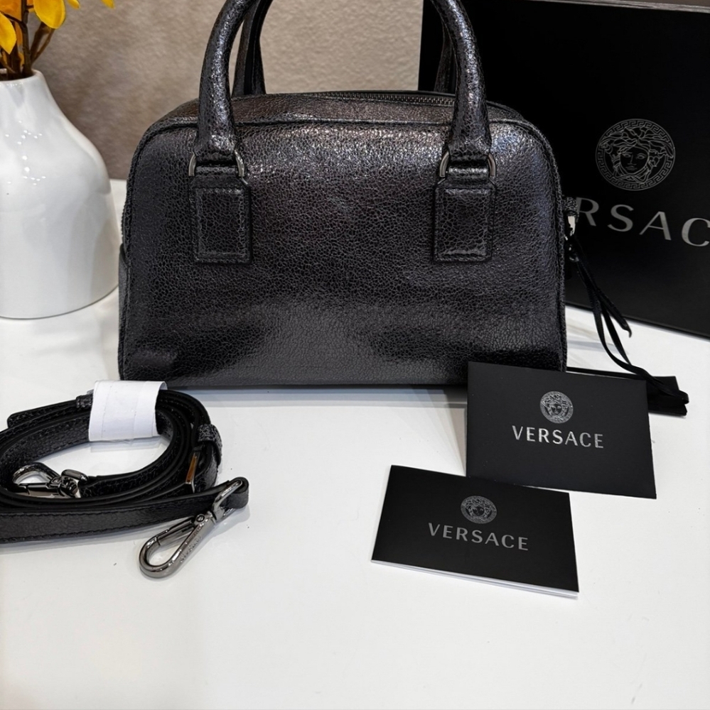 Versace Metallic Black Calf Leather 2-way Handbag with Crossbody Original Strap💜 - Picture 5 of 10